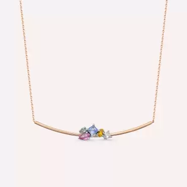 Lily 0.81 CT Multicolor Safir ve Pırlanta Taşlı Rose Altın Kolye - Nev Jewellery (1)