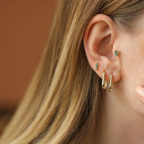 Line Zümrüt Taşlı Sarı Altın Tek Küpe - Nev Jewellery