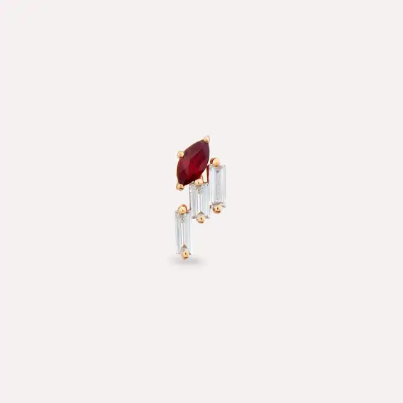 Loe Red Safir ve Baget Pırlanta Taşlı Rose Altın Piercing - 4