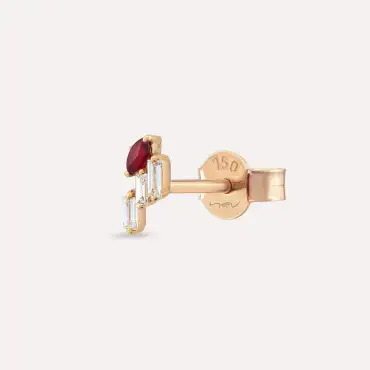 Loe Red Safir ve Baget Pırlanta Taşlı Rose Altın Tek Küpe - Nev Jewellery (1)