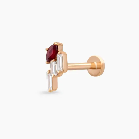 Loe Red Sapphire and Baguette Cut Diamond Rose Gold Piercing - 1