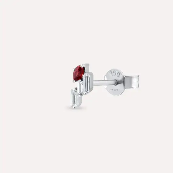 Loe Red Sapphire and Baguette Cut Diamond White Gold Single Earring - 1