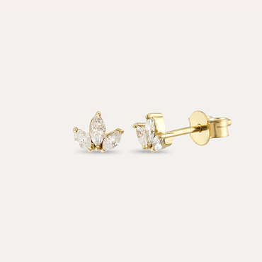 Lotus 0.25 CT Markiz Kesim Pırlanta Taşlı Sarı Altın Küpe - Nev Jewellery