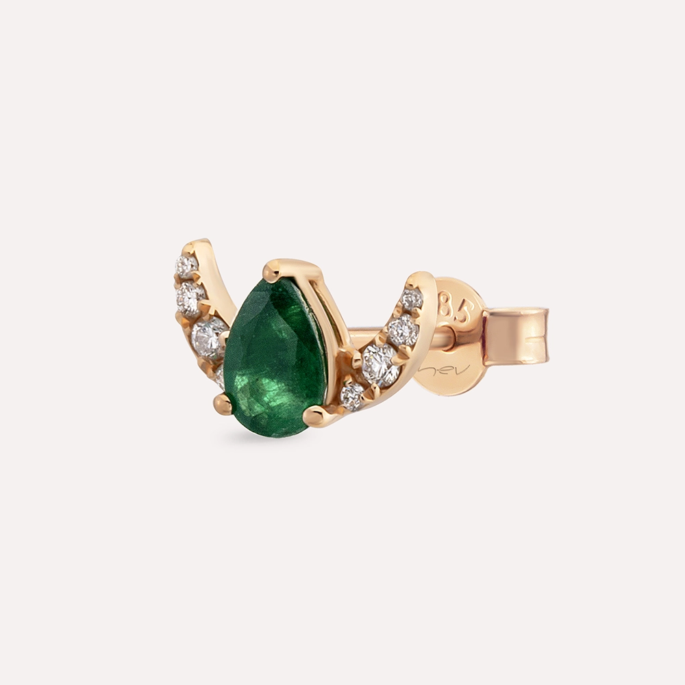 Lunar 0.38 CT Zümrüt ve Pırlanta Taşlı Rose Altın Tek Küpe - Nev Jewellery