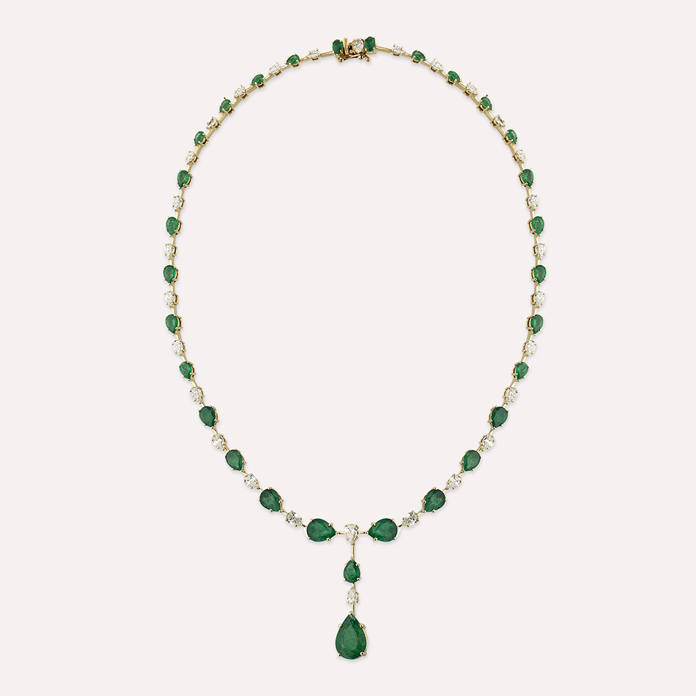 Lush Teardrop Cut Emerald and Diamond Yellow Gold Necklace - 1