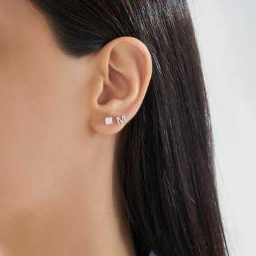 M Harf Pırlanta Taşlı Beyaz Altın Mini Tek Küpe - Nev Jewellery (1)
