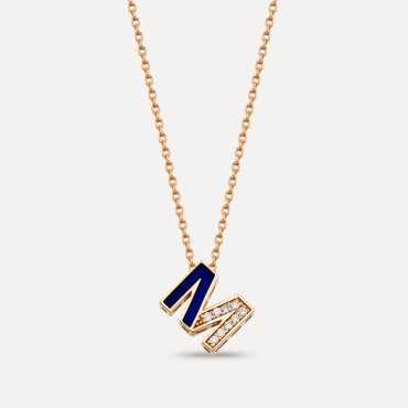 M Harfi Pırlanta Taşlı ve Lacivert Mineli Rose Altın Kolye - Nev Jewellery