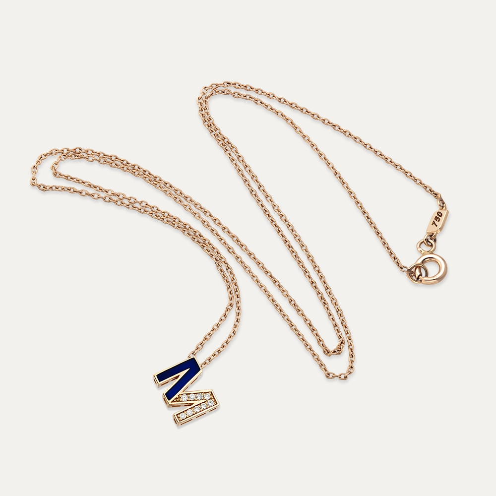 M Letter Diamond and Navy Blue Enamel Rose Gold Pendant - 4