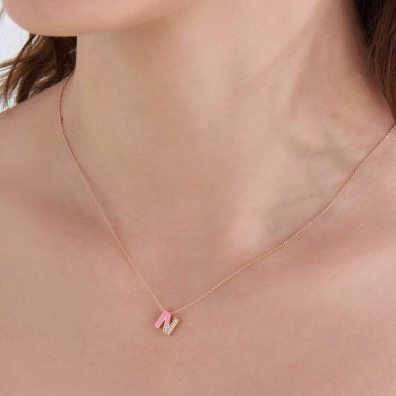 N Letter Diamond Pink Enamel Rose Gold Pendant - 2