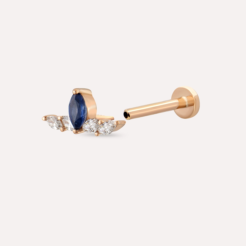 Marin Blue Safir ve Pırlanta Taşlı Rose Altın Piercing - 3