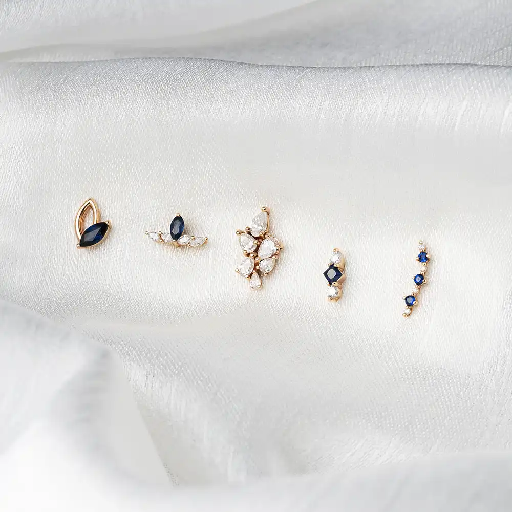 Marin Blue Safir ve Pırlanta Taşlı Rose Altın Piercing - 3