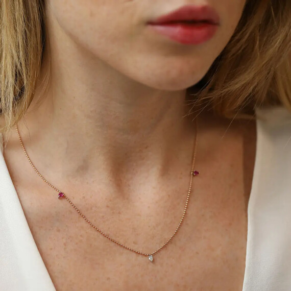 Mary 0.53 CT Yakut ve Pırlanta Taşlı Rose Altın Kolye - Nev Jewellery
