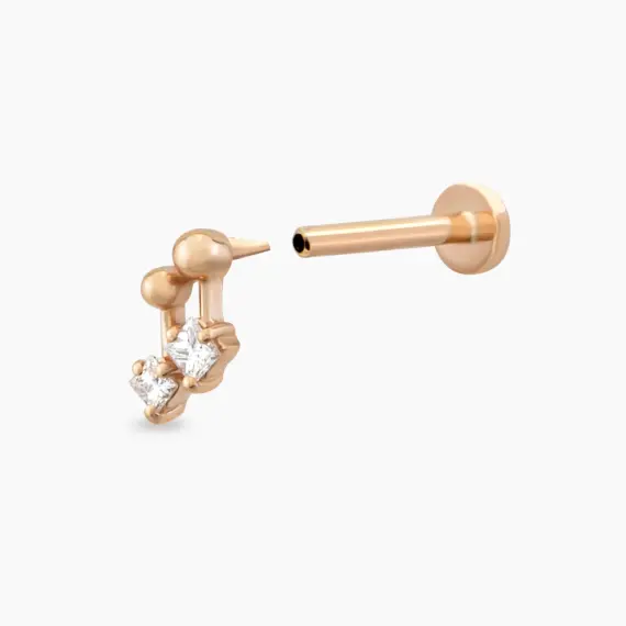 Mini Nota Prenses Kesim Pırlanta Taşlı Rose Altın Piercing - 4