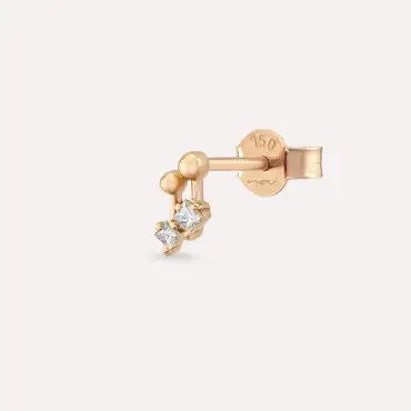 Mini Nota Prenses Kesim Pırlanta Taşlı Rose Altın Tek Küpe - Nev Jewellery (1)