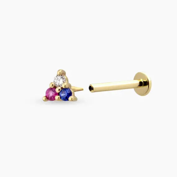 Mini Triangle Pırlanta Yakut ve Safir Taşlı Sarı Altın Piercing - 2