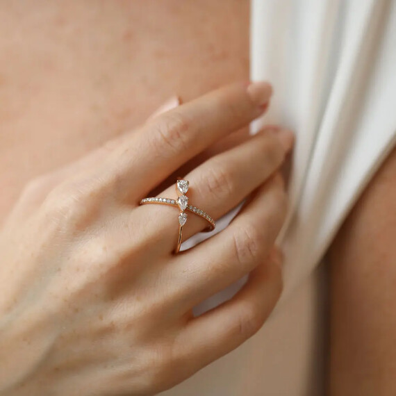 Mira Damla Kesim Pırlanta Taşlı Rose Altın Yüzük - Nev Jewellery