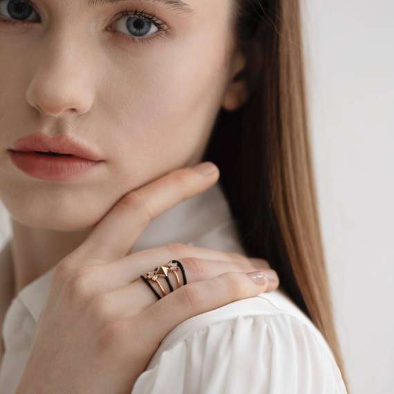 Morningstar Baget Pırlanta Taşlı ve Siyah Mineli Yüzük - 2