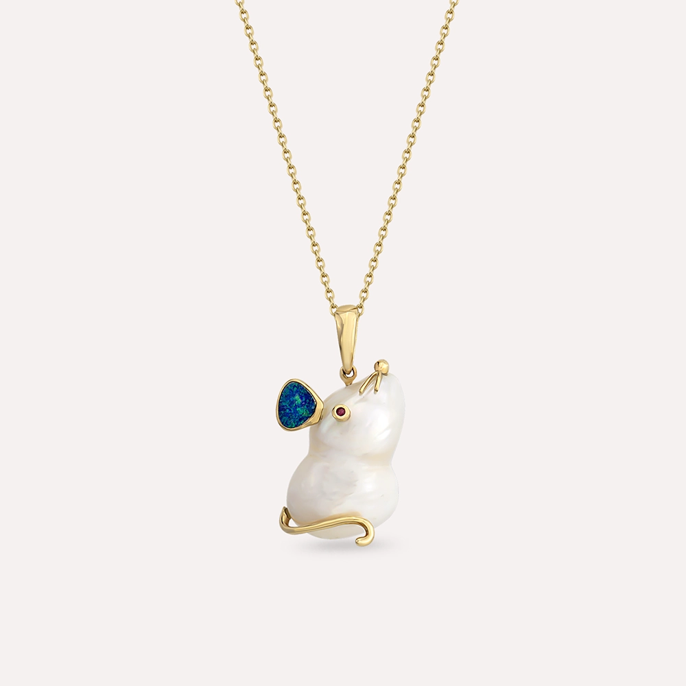 Mouse Natural Pearl and Opal Yellow Gold Necklace - 1