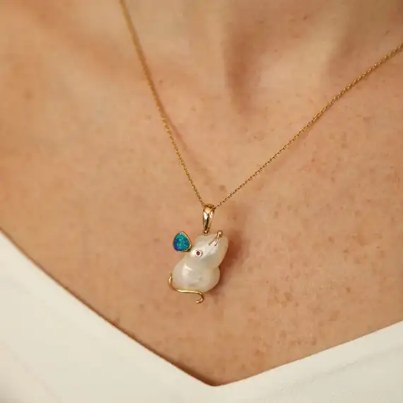 Mouse Natural Pearl and Opal Yellow Gold Necklace - 2