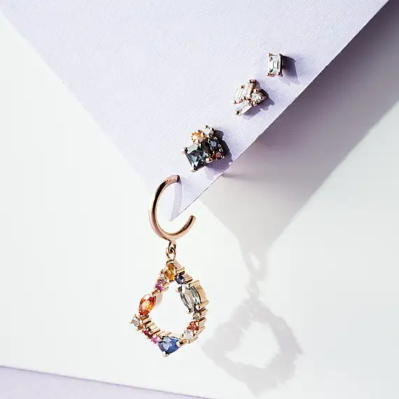 D Harf 1.05 CT Multicolor Safir ve Brown Pırlanta Taşlı Tek Küpe - 5