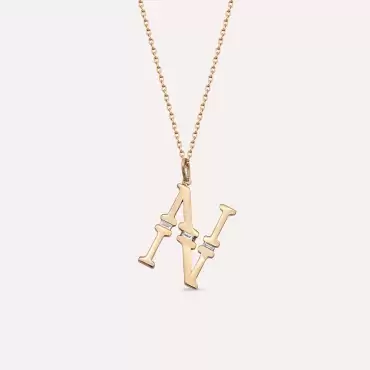 N Harf 0.04 CT Baget Pırlanta Taşlı Rose Altın Kolye - Nev Jewellery (1)