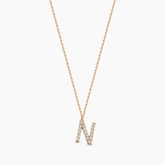 N Harf 0.10 CT Pırlanta Taşlı Rose Altın Kolye - 1