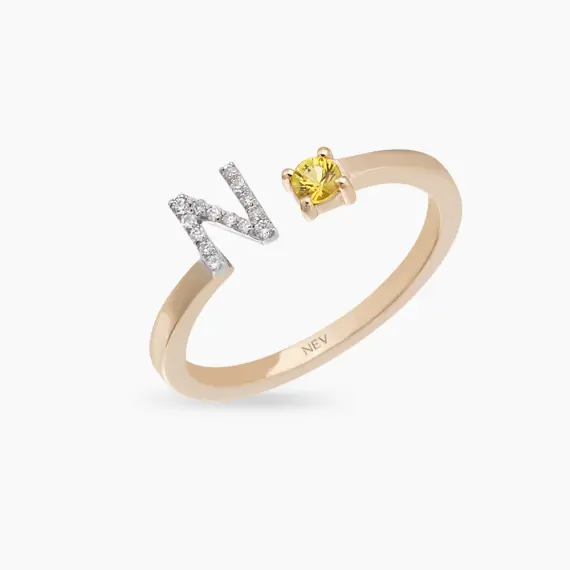N Harf Yellow Safir ve Pırlanta Taşlı Rose Altın Yüzük - 3