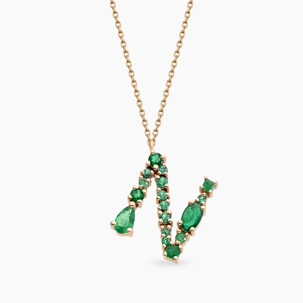 N Harf Zümrüt Taşlı Rose Altın Kolye - Nev Jewellery (1)