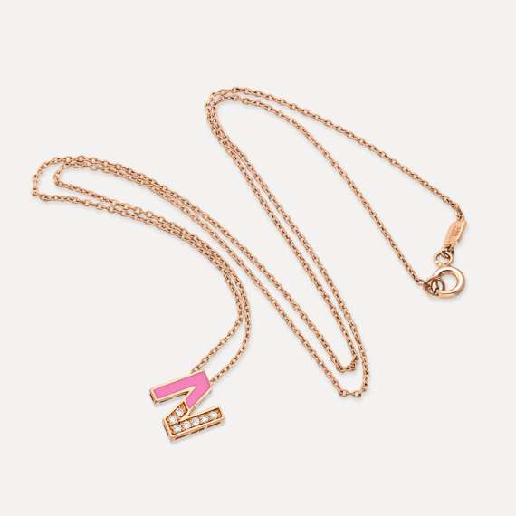 N Harfi Pırlanta Taşlı ve Pembe Mineli Rose Altın Kolye - 3