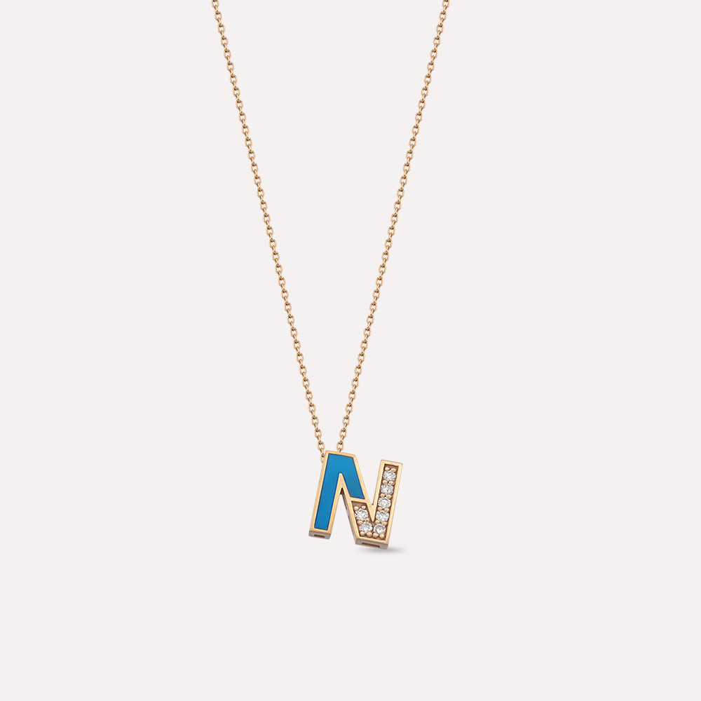 N Letter Diamond Blue Enamel Rose Gold Pendant - 1