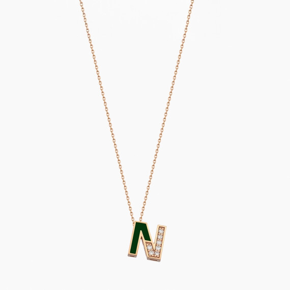 N Letter Diamond Green Enamel Rose Gold Pendant - Nev Jewellery