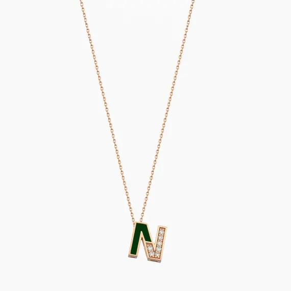 N Letter Diamond Green Enamel Rose Gold Pendant - 1