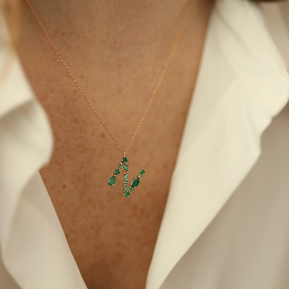 N Letter Emerald Rose Gold Necklace - Nev Jewellery (1)