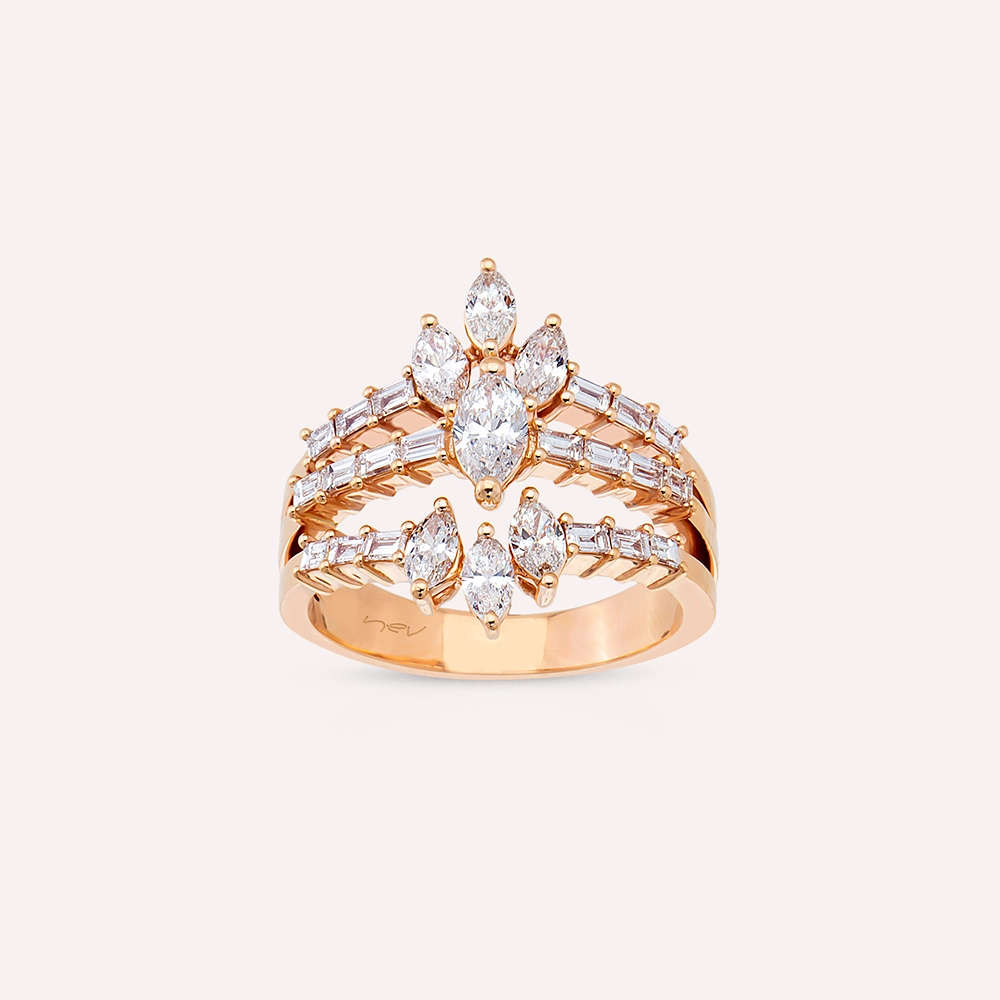 Niki 1.43 CT Baget ve Markiz Kesim Pırlanta Taşlı Rose Altın Yüzük - Nev Jewellery (1)