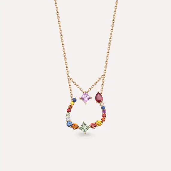 ن‎ Nun Letter 1.09 CT Diamond and Multicolor Sapphire Rose Gold Necklace - 1