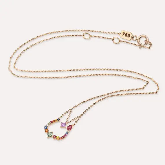 ن‎ Nun Letter 1.09 CT Diamond and Multicolor Sapphire Rose Gold Necklace - 3