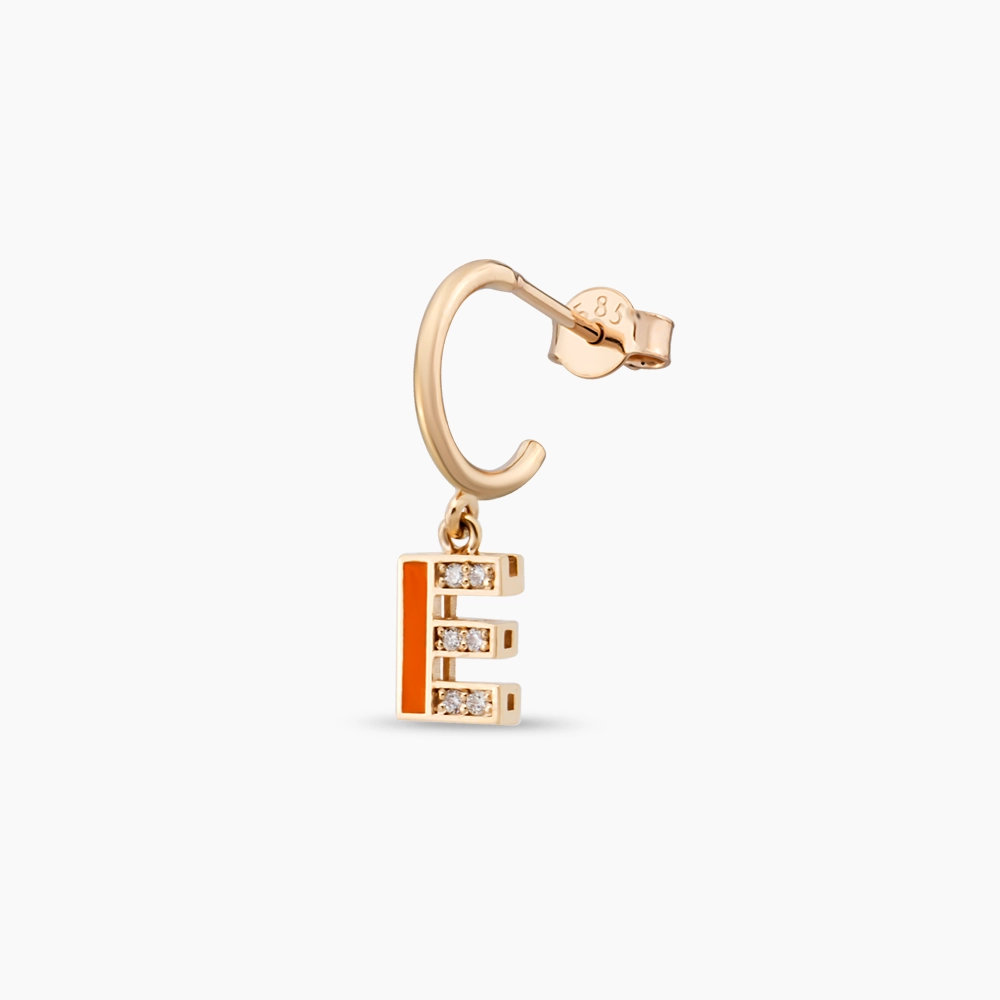Orange Enamel and Diamond E Letter Single Dangling Earring - 1