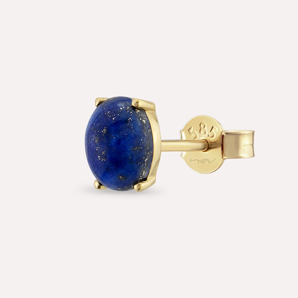 Oval Kesim Lapis Taşlı Sarı Altın Tek Küpe - Nev Jewellery (1)
