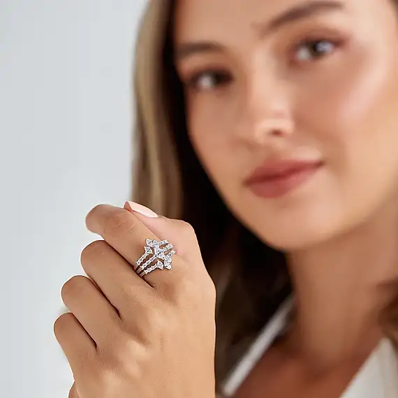 ÖZEL TASARIM - Niki 1.59 CT Baget ve Markiz Kesim Pırlanta Taşlı Beyaz Altın Yüzük - 1