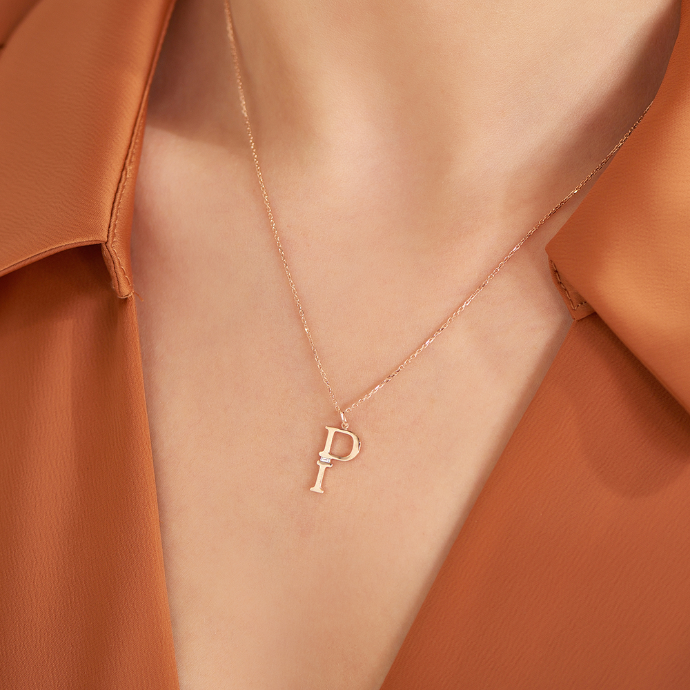 P Harf 0.02 CT Baget Pırlanta Taşlı Rose Altın Kolye - Nev Jewellery (1)