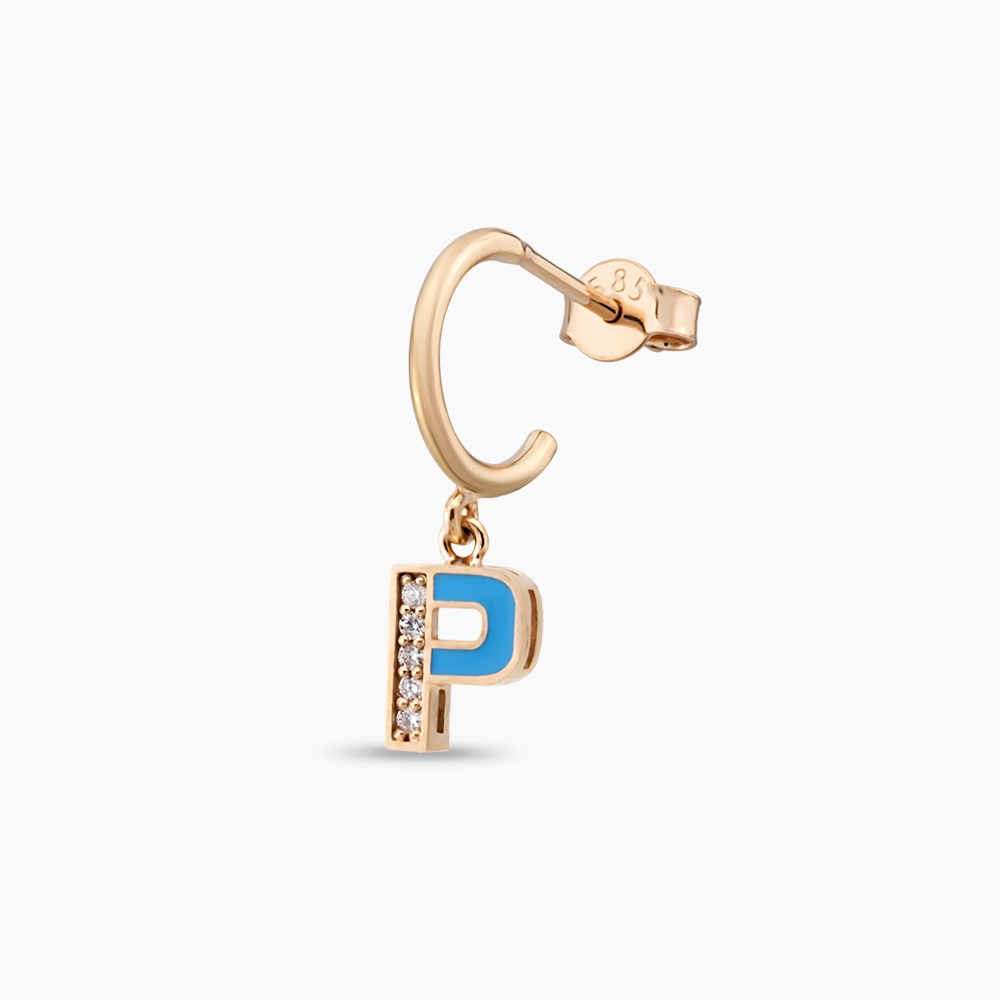 P Harf Mavi Mineli ve Pırlanta Taşlı Tek C Küpe - Nev Jewellery (1)