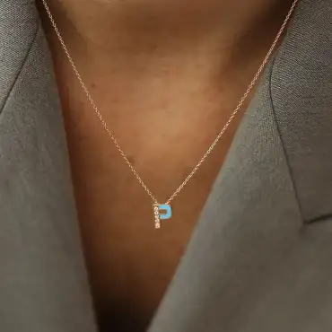 P Harfi Pırlanta Taşlı ve Mavi Mineli Rose Altın Kolye - Nev Jewellery (1)