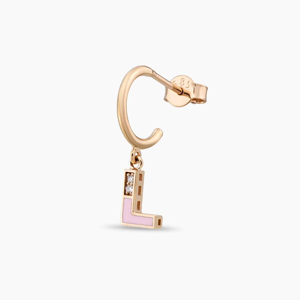 Pink Enamel and Diamond L Letter Single Dangling Earring - 1