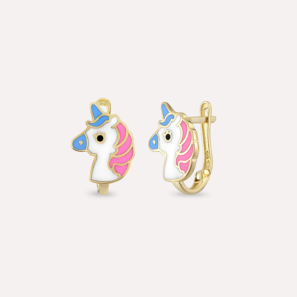 Pink Unicorn Yellow Gold Child Earring - 1