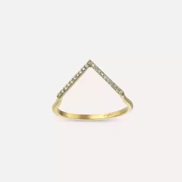 Pırlanta Taşlı Sarı Altın Minimal V Yüzük - Nev Jewellery (1)