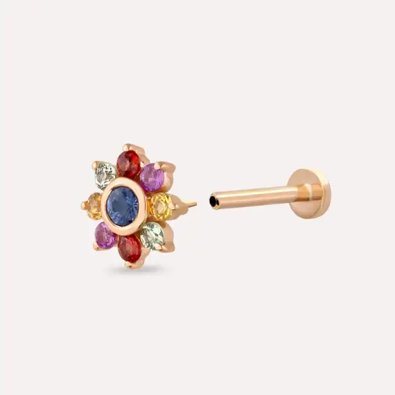 Pollen Multicolor Safir Taşlı Rose Altın Piercing - 4