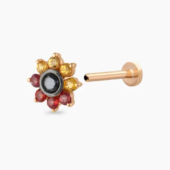 Pollen Multicolor Safir ve Siyah Pırlanta Taşlı Rose Altın Piercing - 4