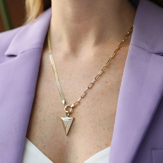 Pyramis Double Chain Detailed Yellow Gold Necklace - Nev Jewellery
