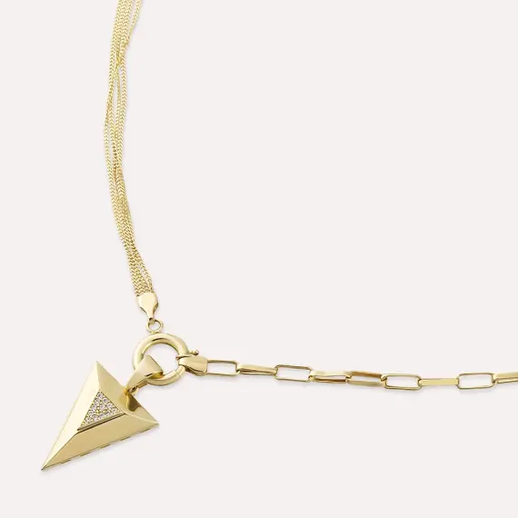 Pyramis Double Chain Detailed Yellow Gold Necklace - 3