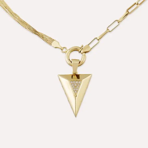 Pyramis Double Chain Detailed Yellow Gold Necklace - 4